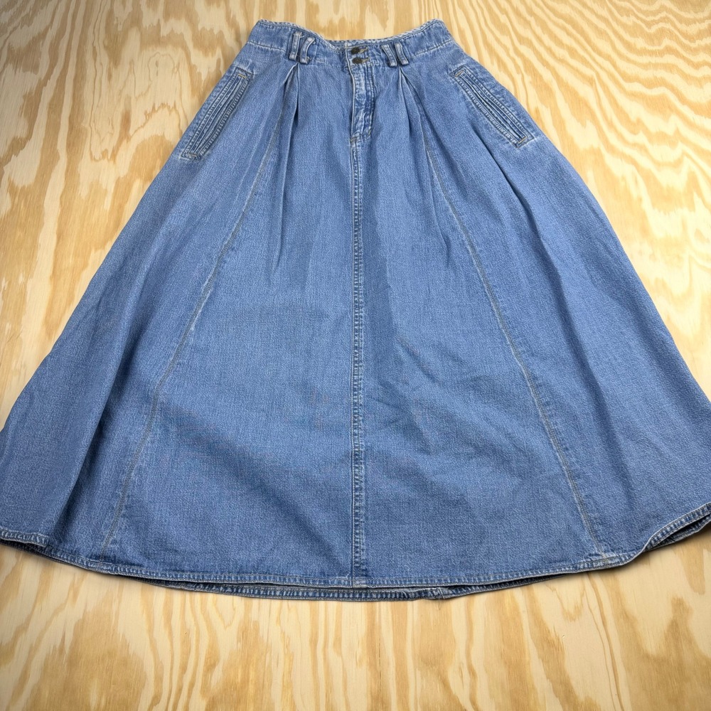 Lizwear Vintage Denim Maxi Skirt Blue Cotton Pleated A-Line High Waist Size 6